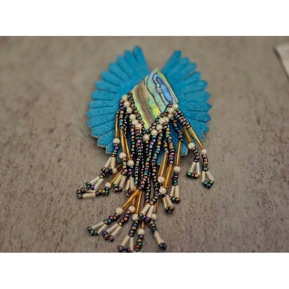 Handmade Beaded Fringe Brooch Abalone Shell Turquoise Suede Boho Statement Pin